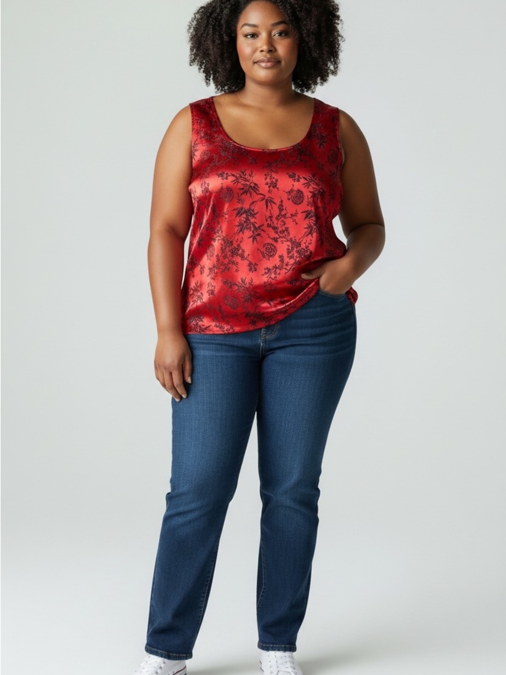 Just Pour Moi plus size womens Satin Red Floral Print Tank Top size 1x